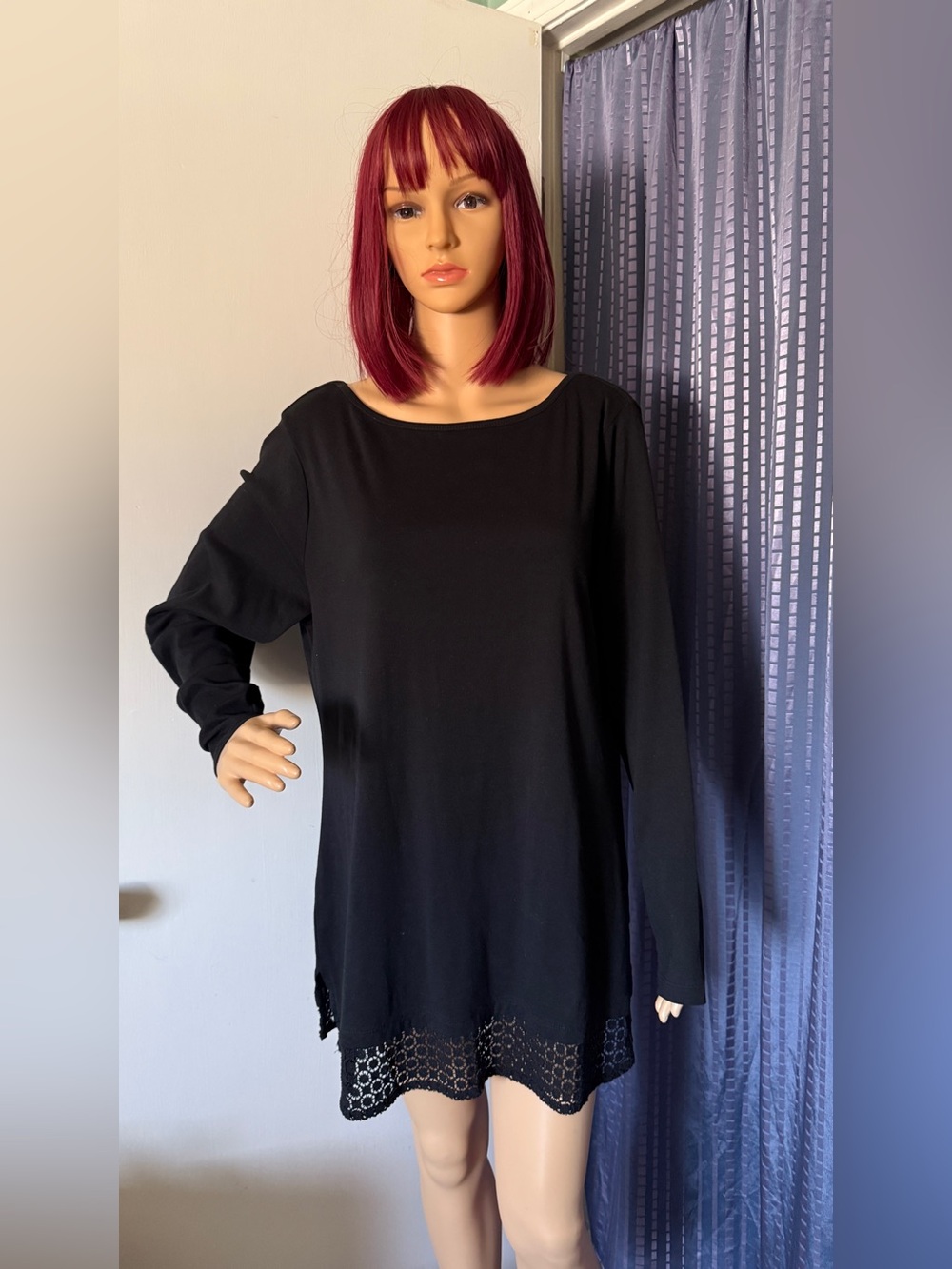 Karen Scott Black 100% Cotton Lace Hem Tunic Top XL-1X New With Tags